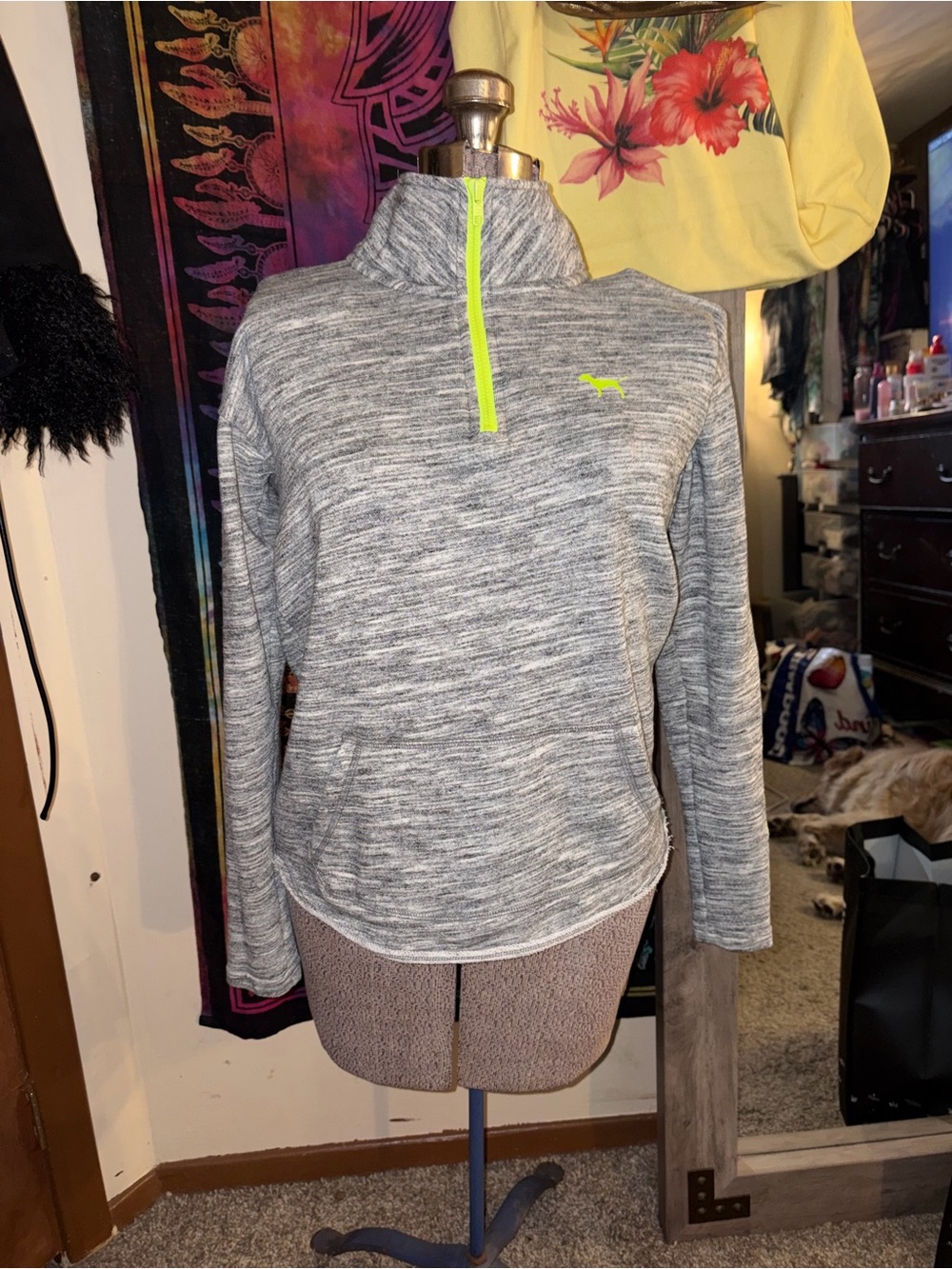 Victorias Secret PINK Heather Gray Quarter-Zip Pullover with Neon Accent
